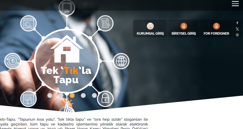Web tapu internet sitesinin giriş kısmın görüntüsü